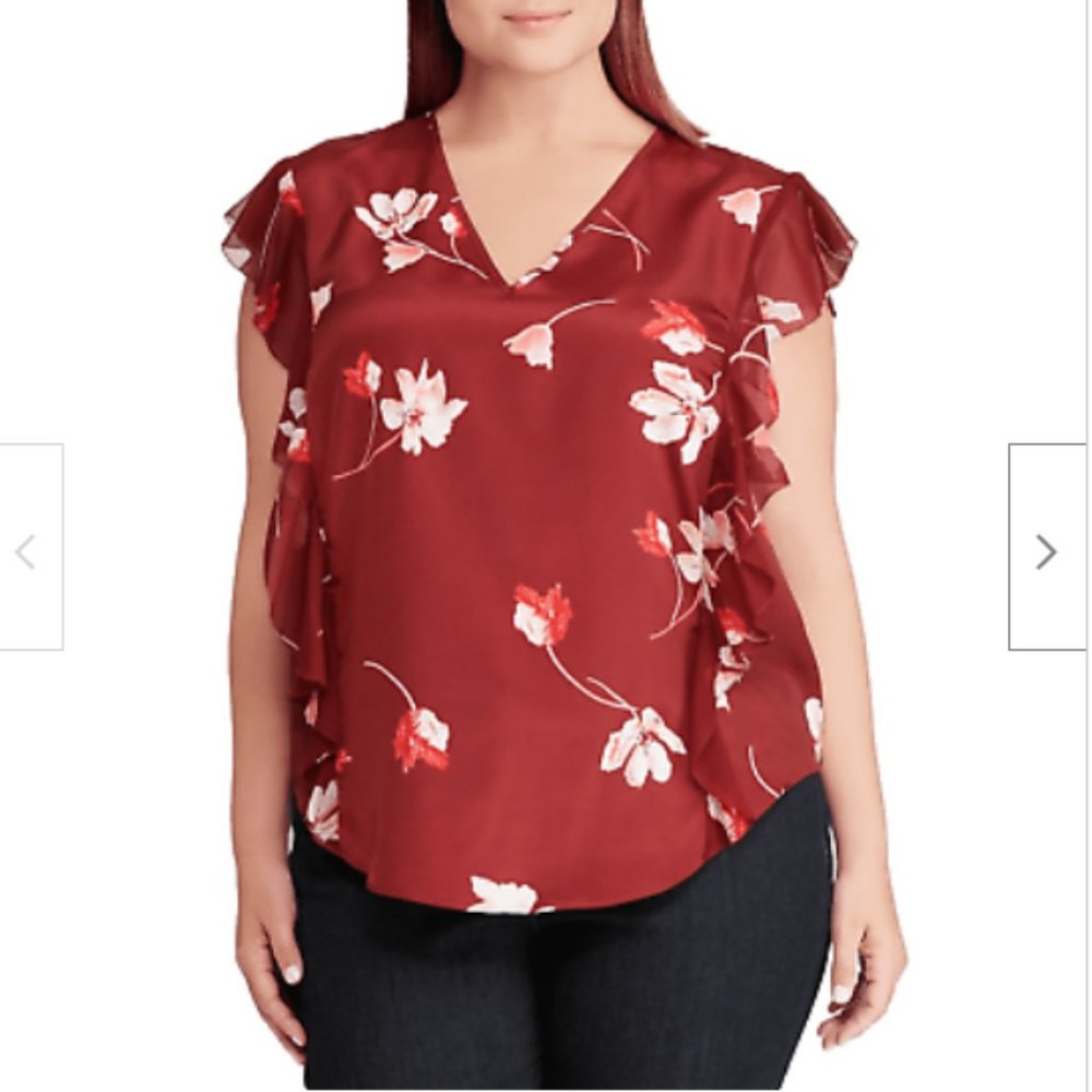 Ralph Lauren Floral-Print Ruffled Crepe Blouse 2X